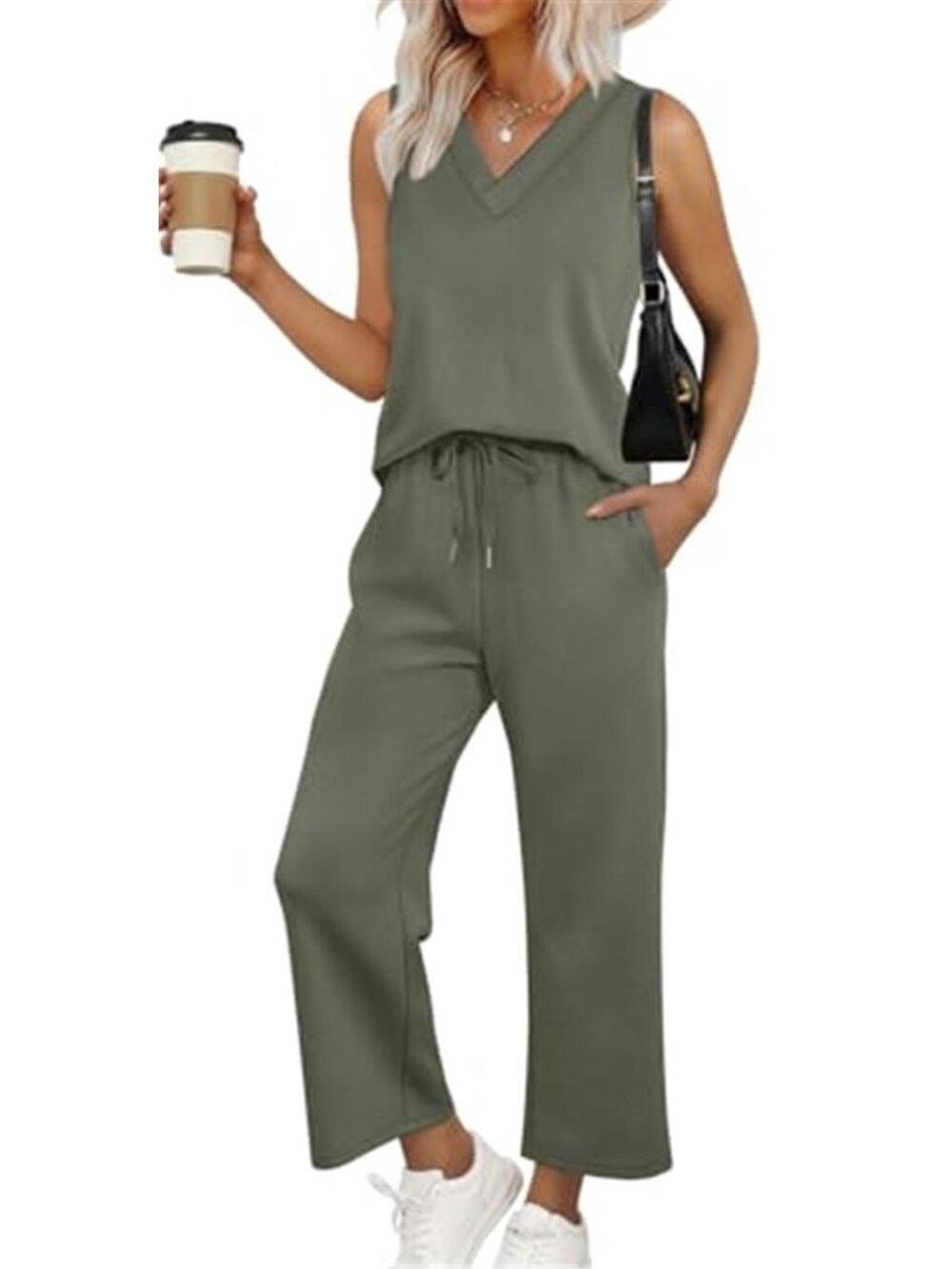 Womens Two Piece Lounge Set Wide Leg Crop Pants Vacation Travel Outfit